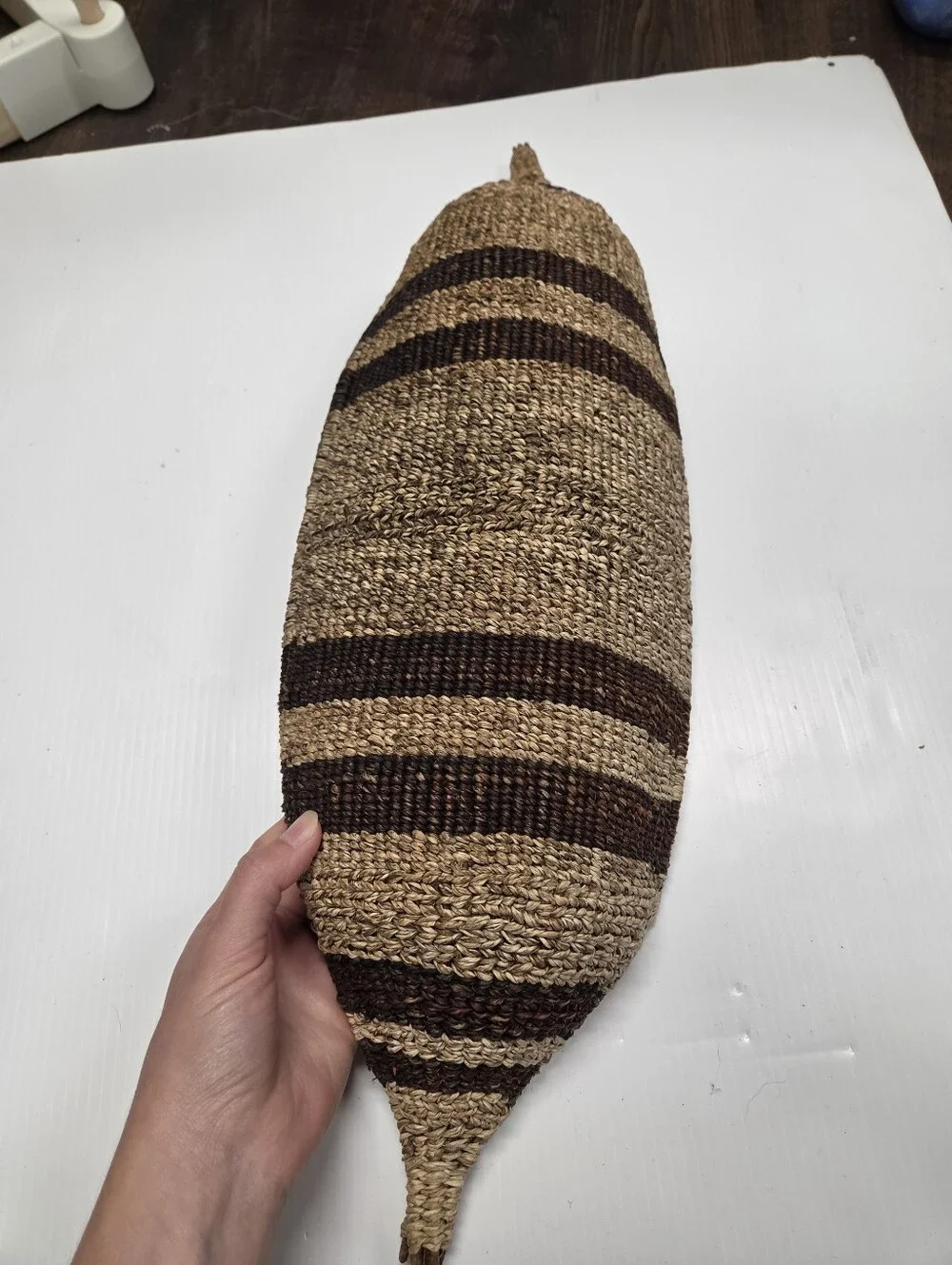 Vintage Hand Woven African Boat Shaped Basket Tray Striped Boho Wall Art Decor 2